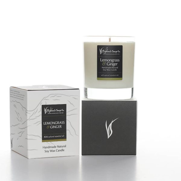 Highland Soap Company Lemongrass & Ginger geurkaars van natuurlijke sojawas in glazen houder