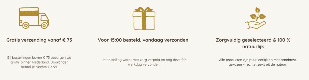 Servicebanner van Pure Nadarra met iconen voor gratis verzending, snelle levering en 100 % natuurlijke producten