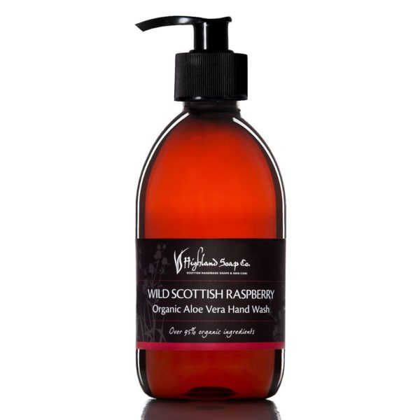 Wild Scottish Raspberry vloeibare handzeep Wild Scottish Raspberry Organic Aloe Vera Hand Wash in amberkleurige fles van The Highland Soap Company