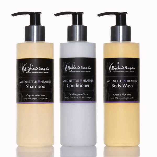 Wild Nettle & Heather shampoo, conditioner en body wash van The Highland Soap Company
