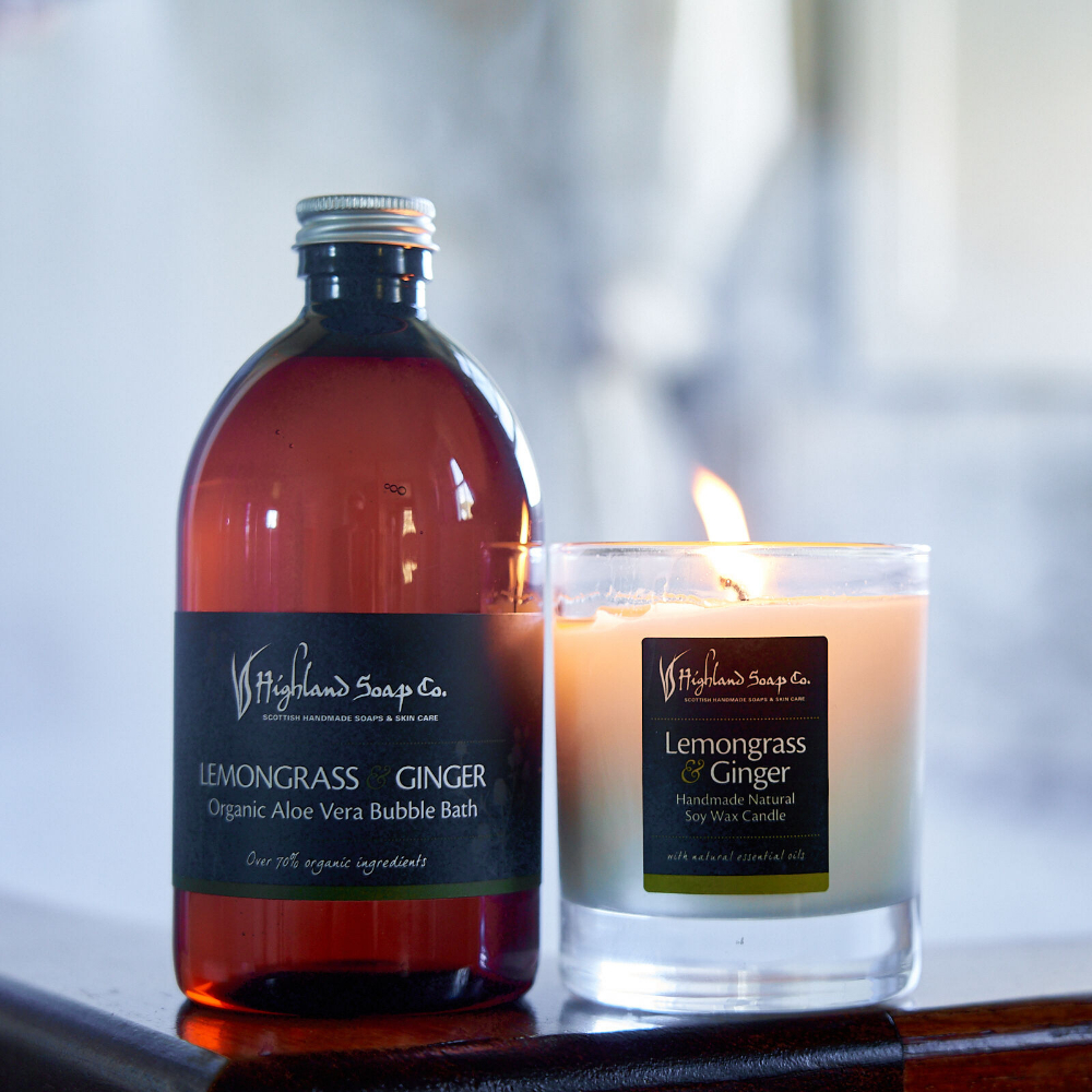 dghd lemongrass ginger badschuim en geurkaars sfeer highland soap company