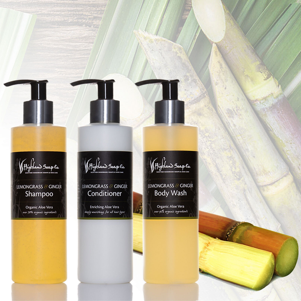 lemongrass ginger shampoo conditioner douchegel trio the highland soap company
