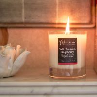 wild scottish raspberry geurkaars naast vaas highland soap company