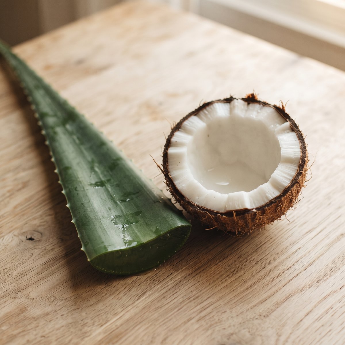 Een blad aloë vera en een halve kokosnoot op een houten tafel