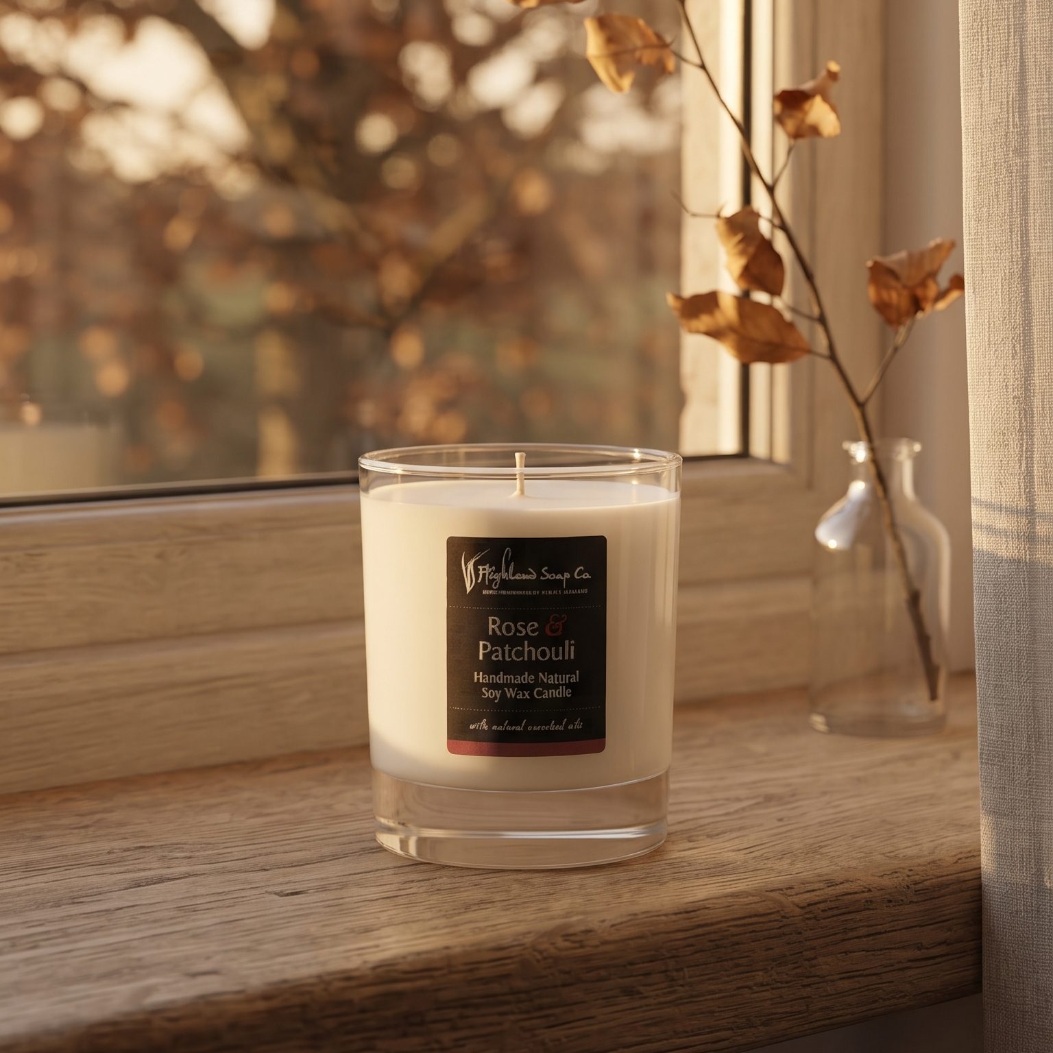 Geurkaars Rose & Patchouli van The Highland Soap Company in de vensterbank met herfstlicht