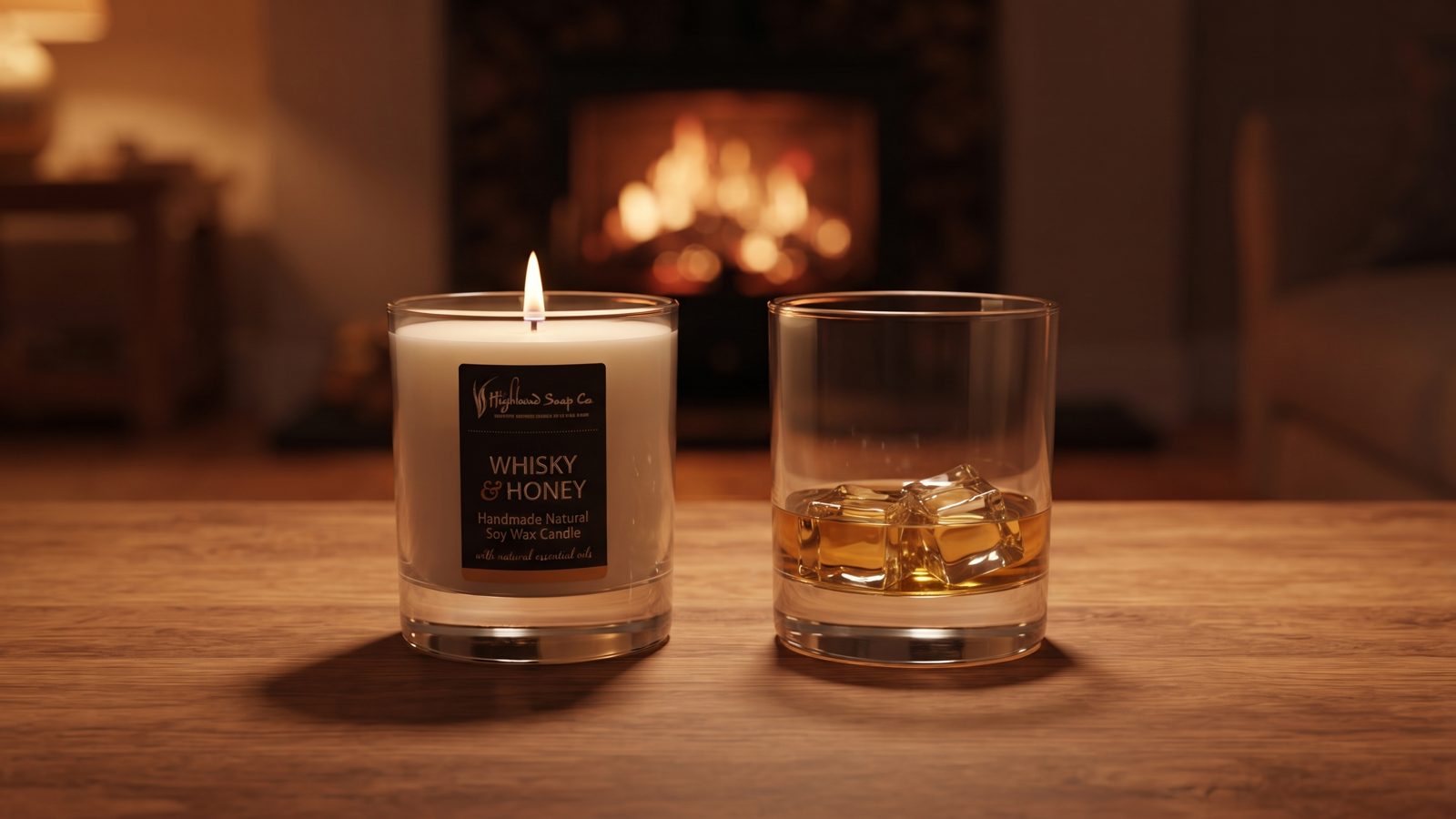 Geurkaars Whisky & Honey van The Highland Soap Company naast een glas whisky met ijs, voor de open haard