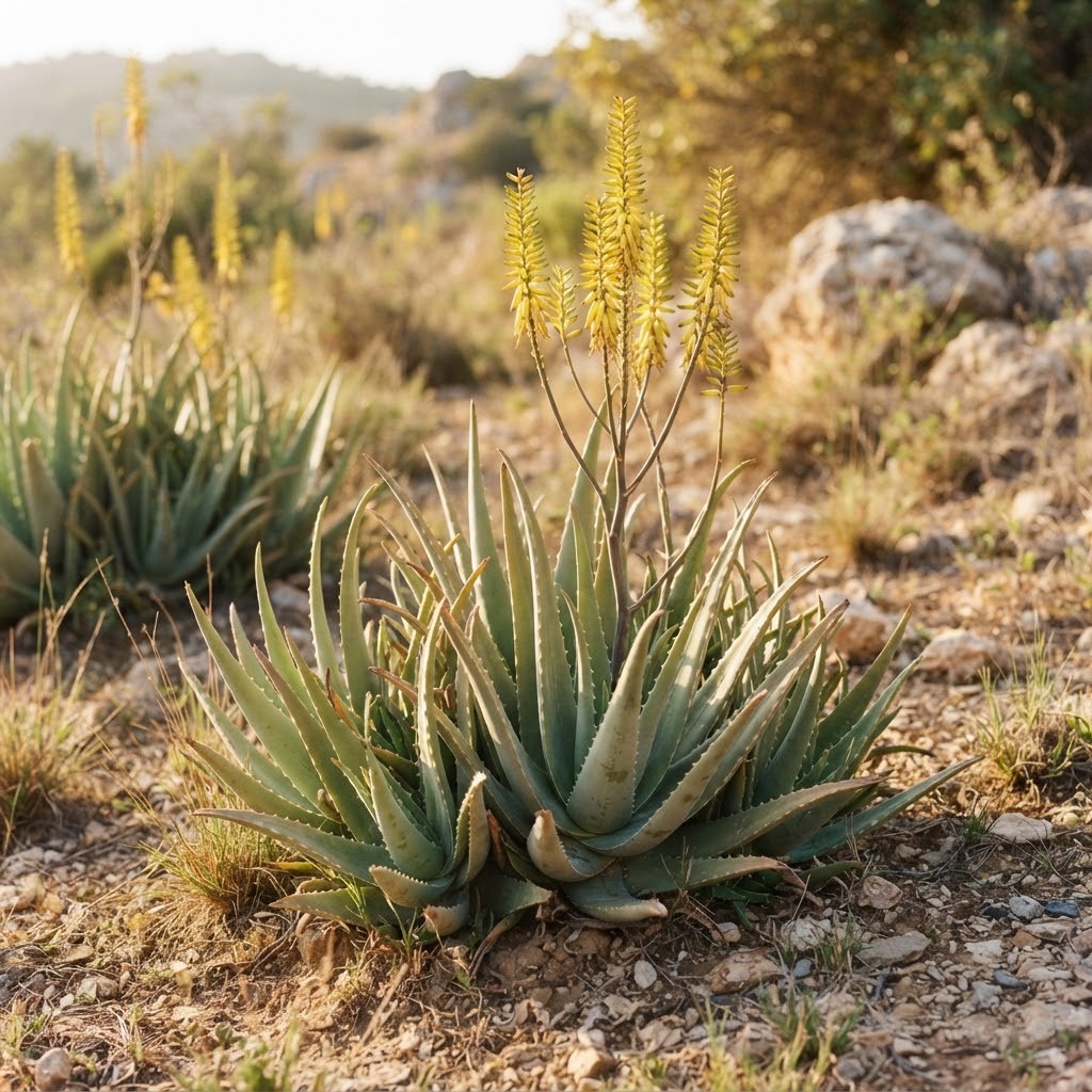 Aloë vera planten met dikke grijsgroene bladeren en gele bloeistengels op een zonnige, droge plek
