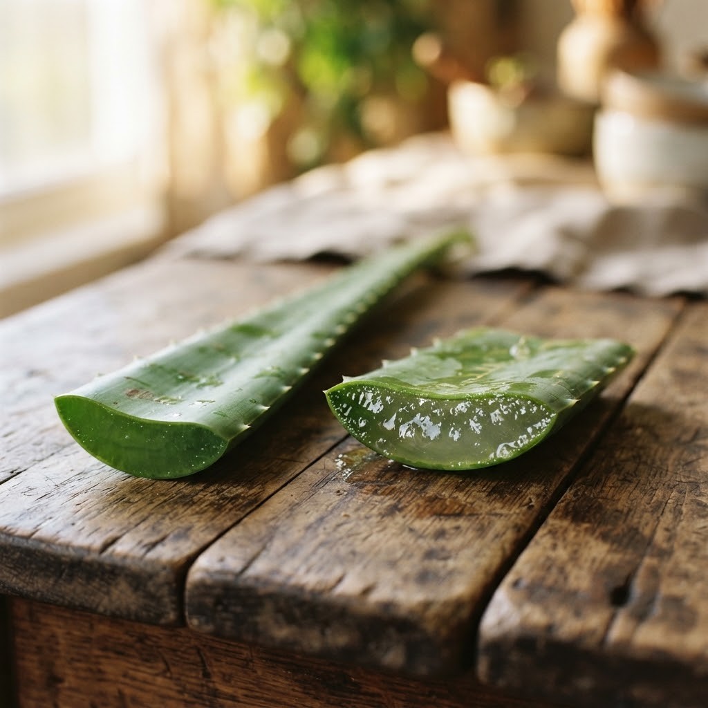 Een vers aloë vera blad en een opengesneden blad met heldere gel op een houten tafel