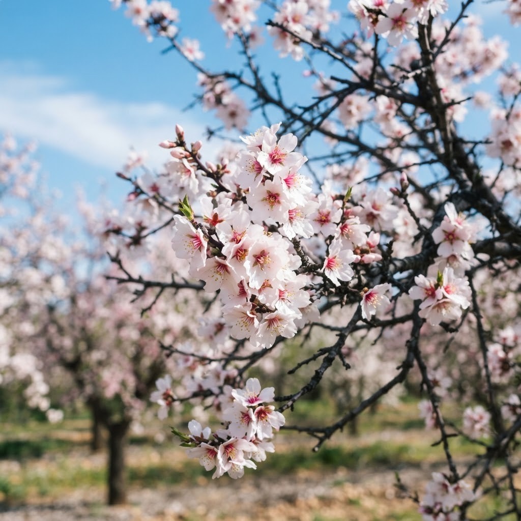 Een amandelboom in volle bloei met witte en zachtroze bloesems in een boomgaard