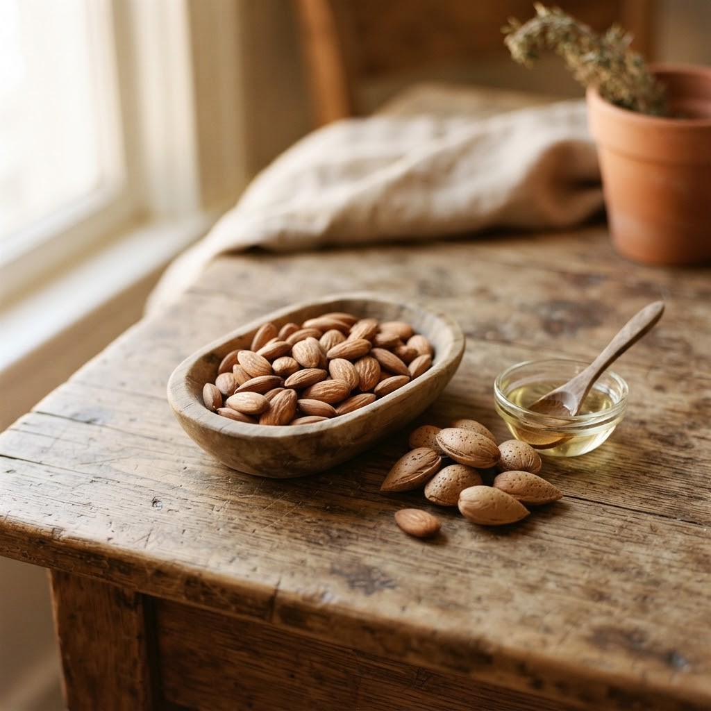 Een houten schaaltje met amandelen, amandelen in de dop en een schaaltje amandelolie op een houten tafel