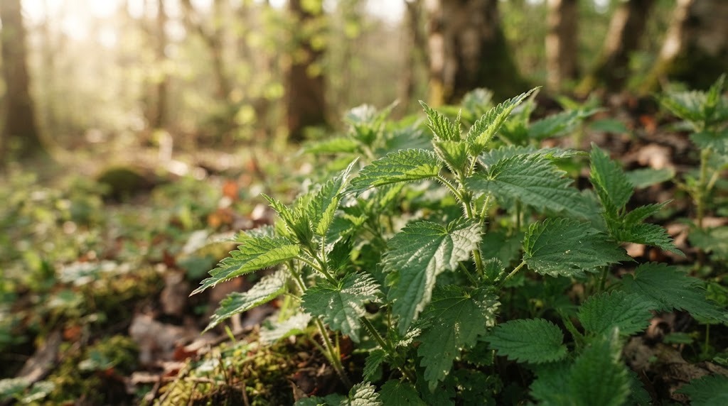 Jonge brandnetels die in het voorjaar in een bos groeien