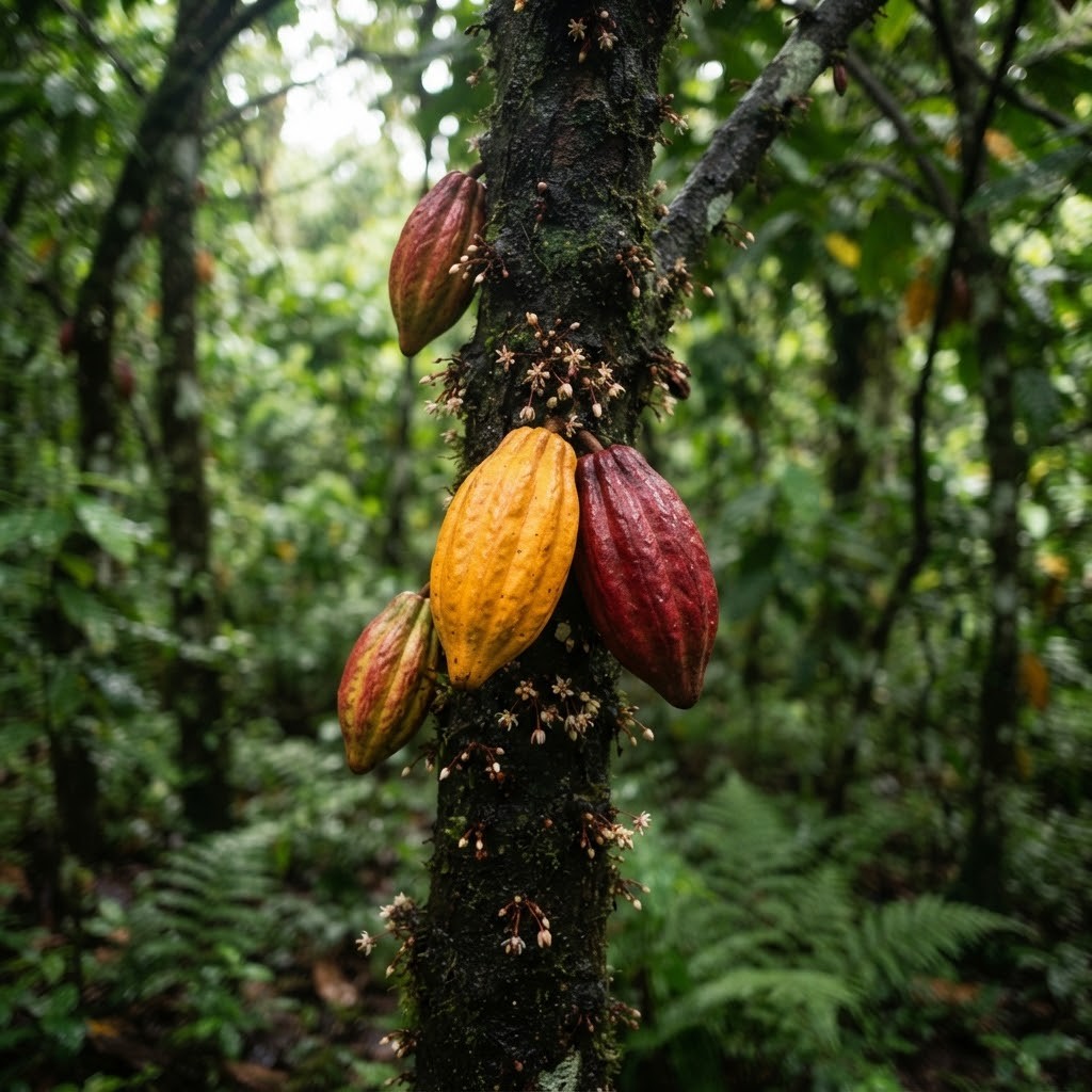 De stam van een cacaoboom met gele en rode cacaovruchten in het regenwoud