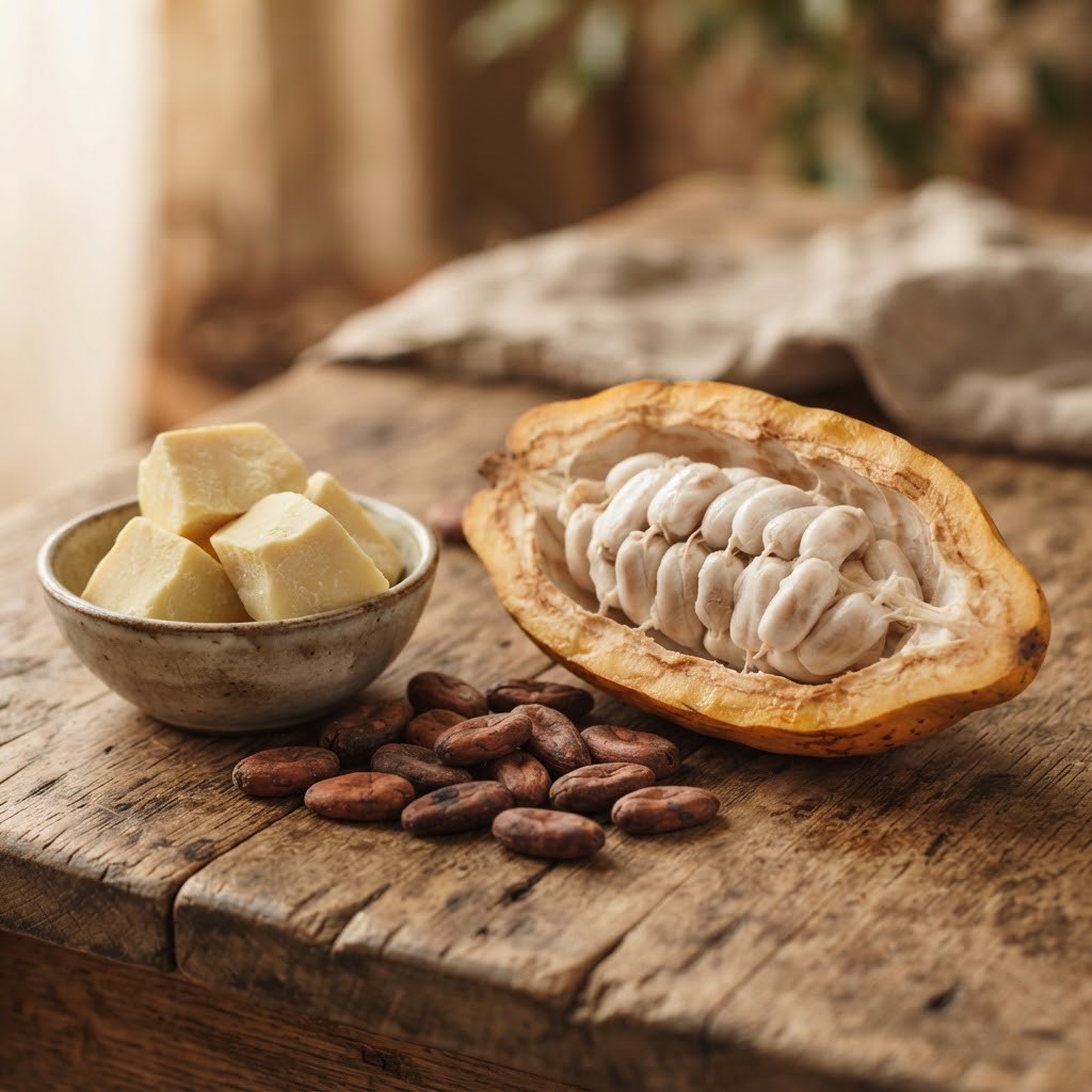 Blokjes cacaoboter, cacaobonen en een opengebroken cacaovrucht op een houten tafel