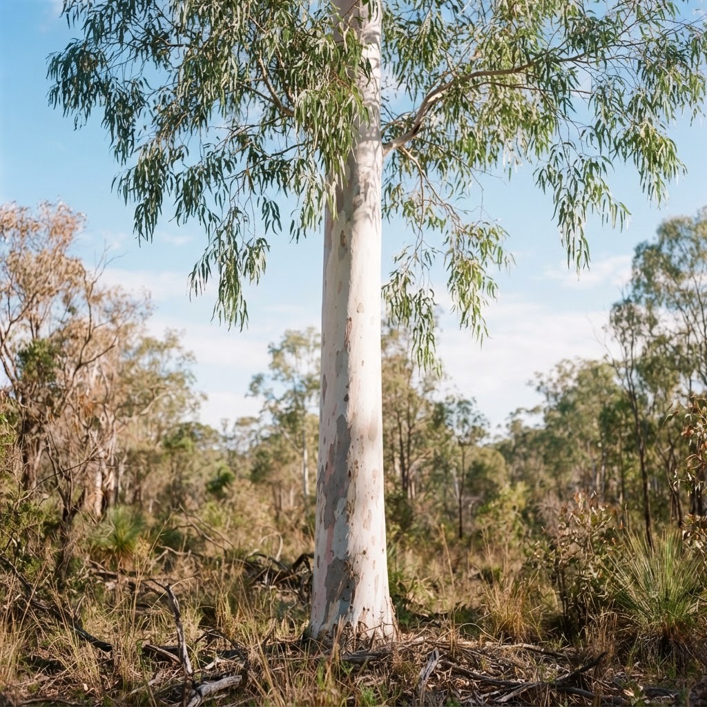 Een citroeneucalyptus met een gladde, bleke stam en smalle hangende blaadjes in een open bos in Australië