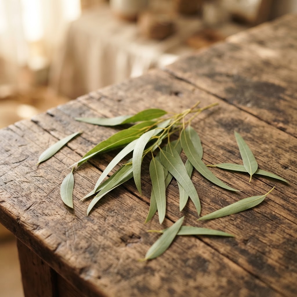 Takjes met smalle blaadjes van de citroeneucalyptus op een houten tafel