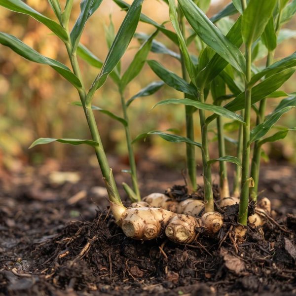 Gemberplant die buiten in de grond groeit
