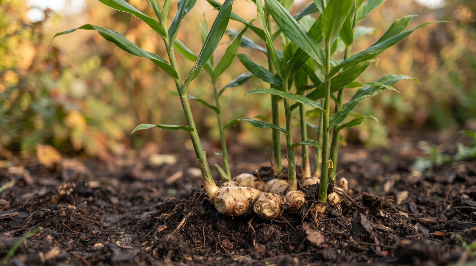 Gemberplant die buiten in de grond groeit, met de wortel net zichtbaar boven de aarde