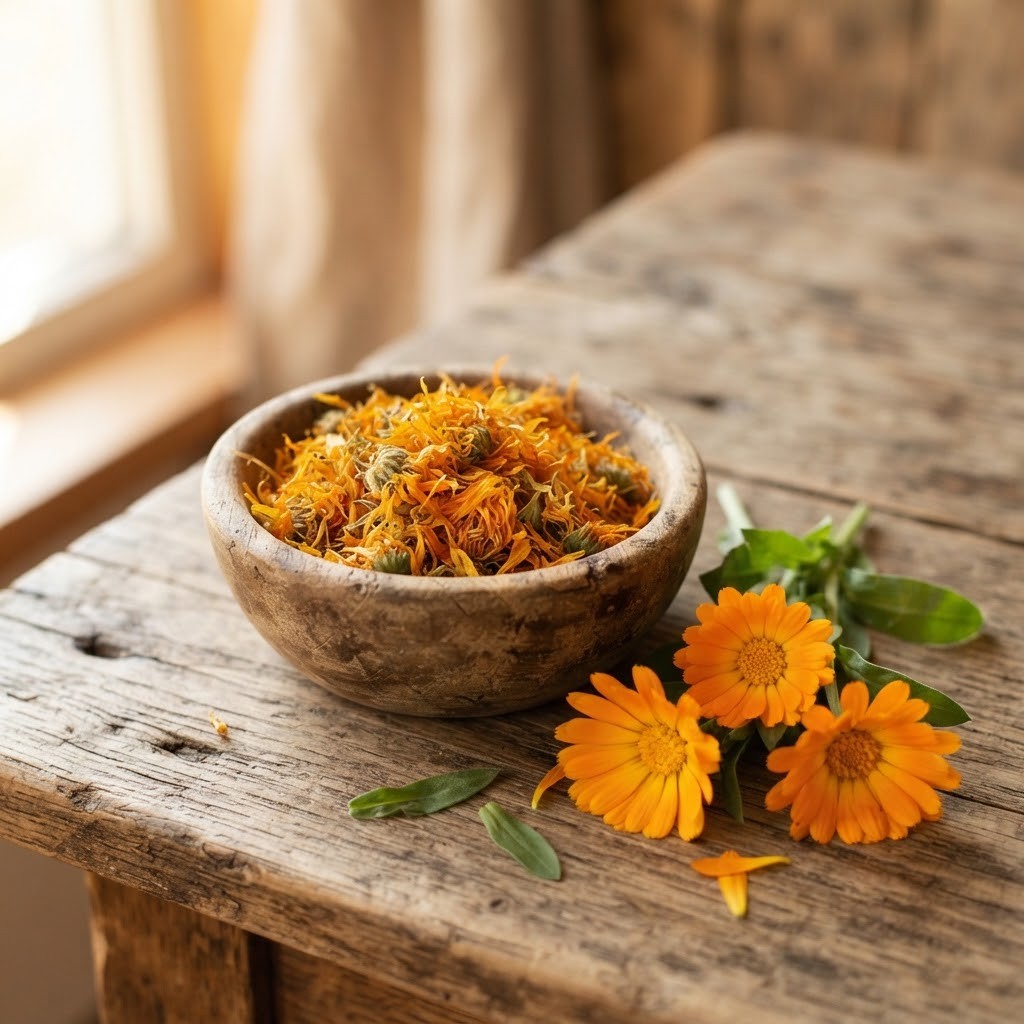 Een houten schaaltje met gedroogde goudsbloemblaadjes en verse goudsbloemen op een houten tafel