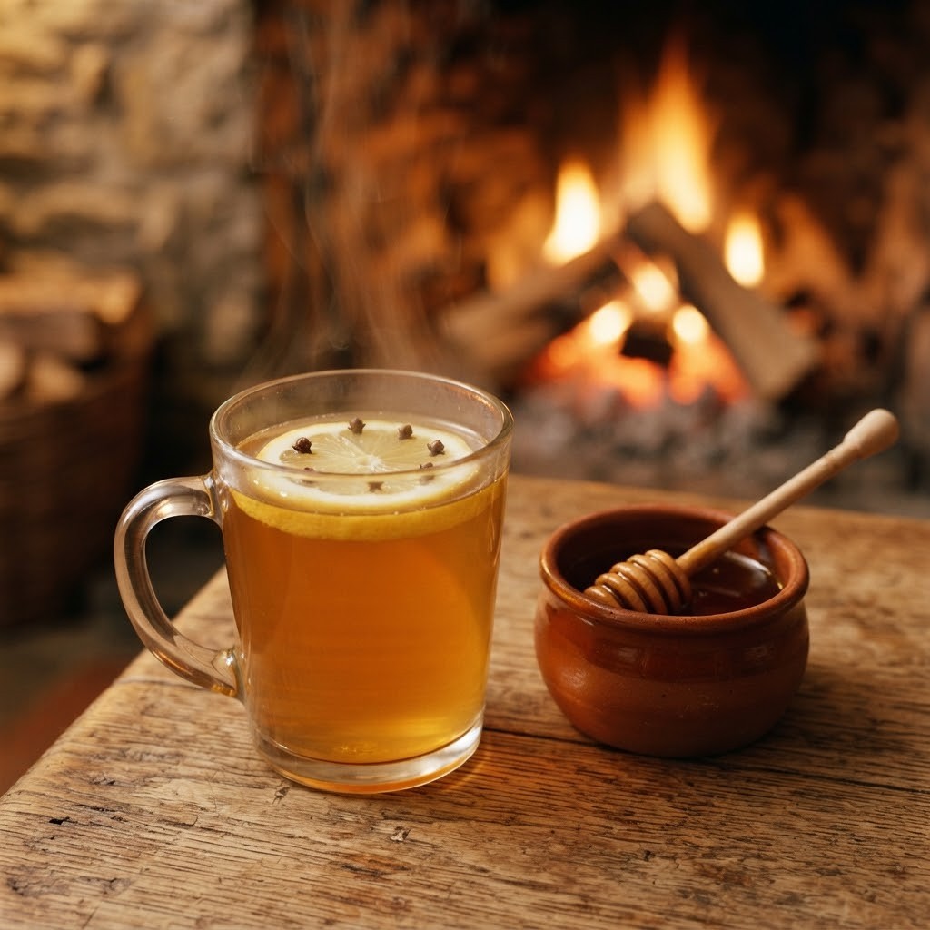 Een dampend glas hot toddy met citroen en kruidnagels naast een potje honing bij het haardvuur