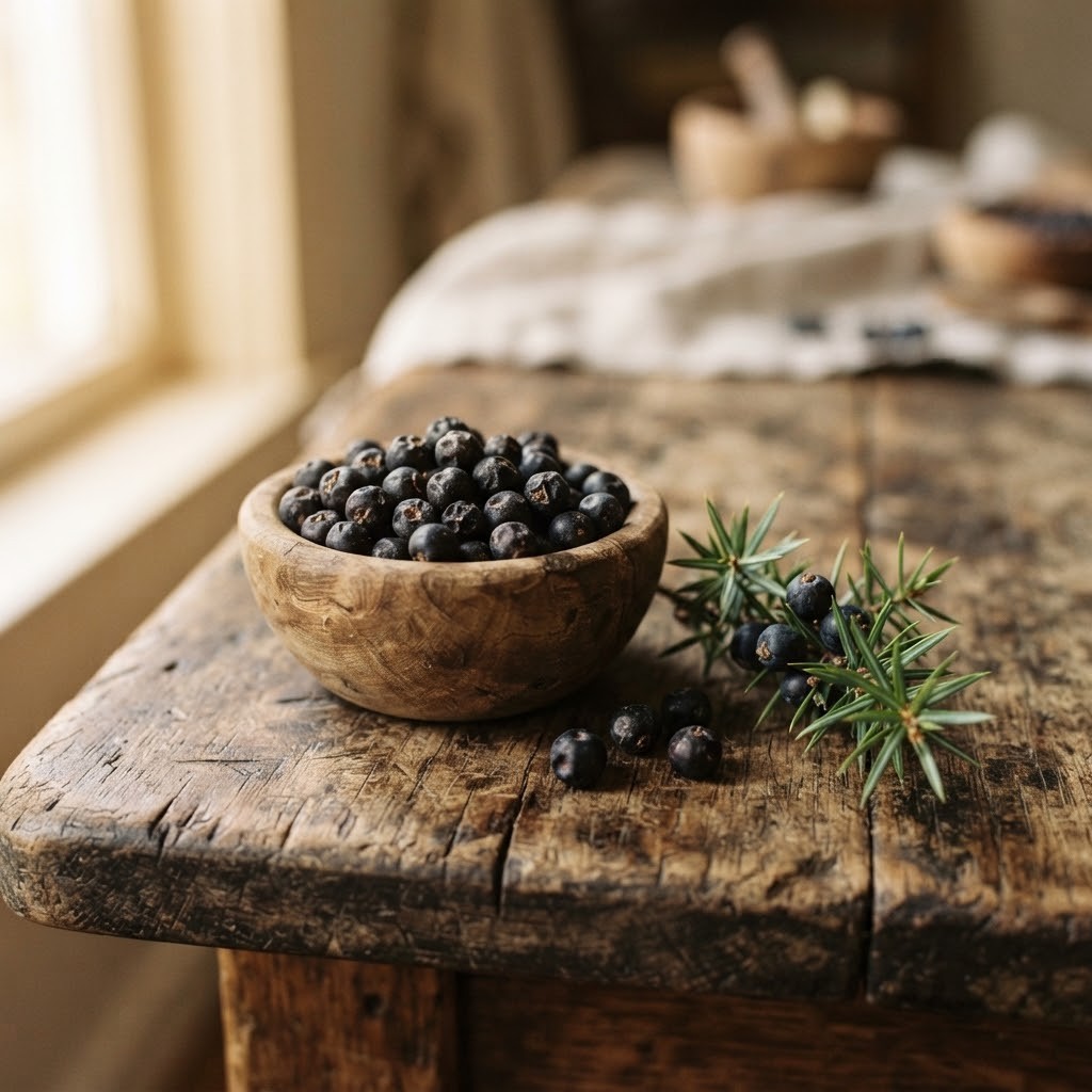 Gedroogde jeneverbessen in een houten schaaltje met een takje jeneverbes op een houten tafel