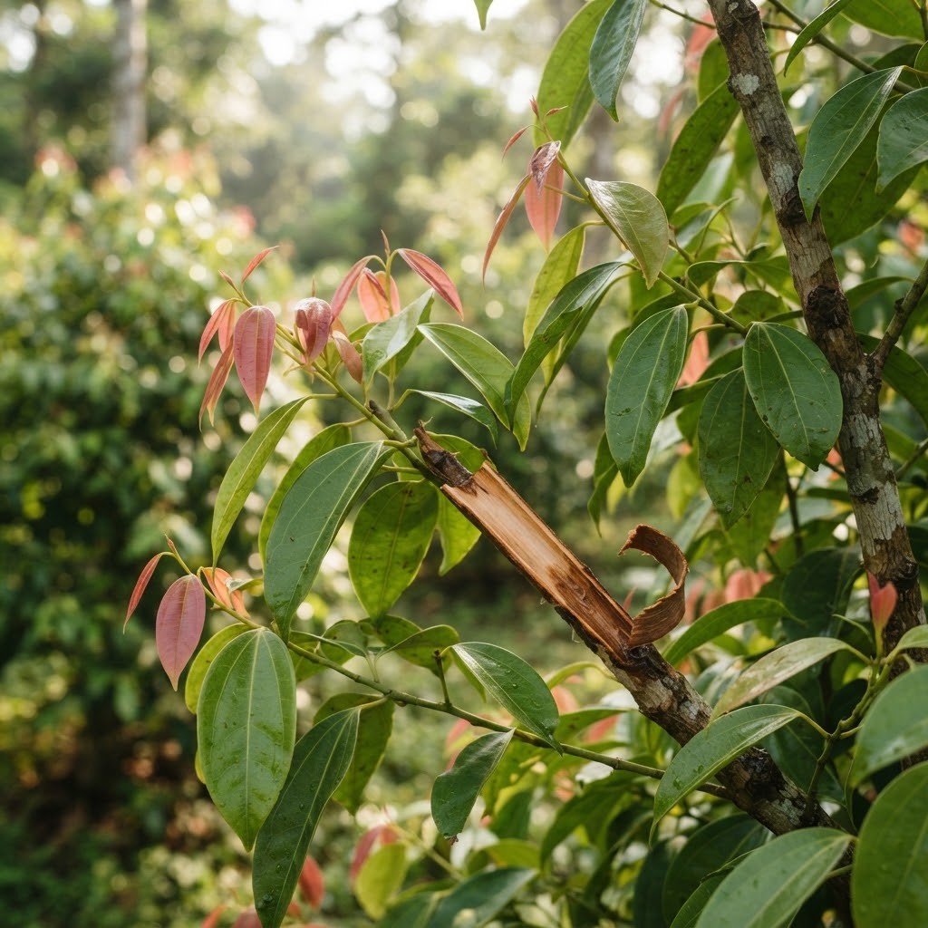 Jonge takken van de kaneelboom met roodachtige nieuwe bladeren en afgeschilde bast