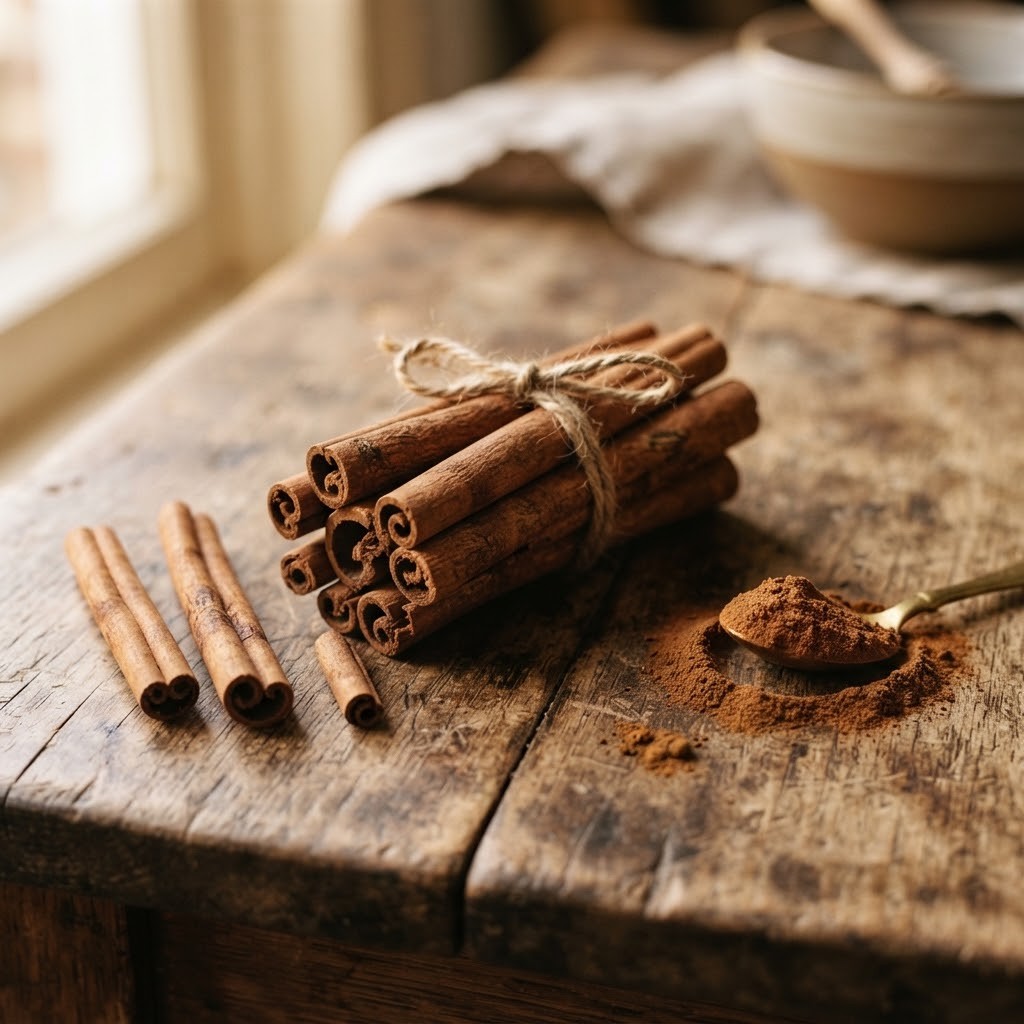 Kaneelstokjes met touw samengebonden en gemalen kaneel op een houten tafel