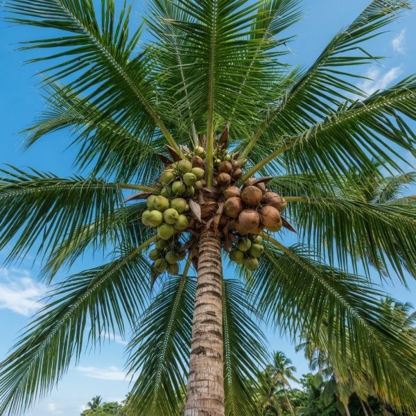 Kokospalm met kokosnoten