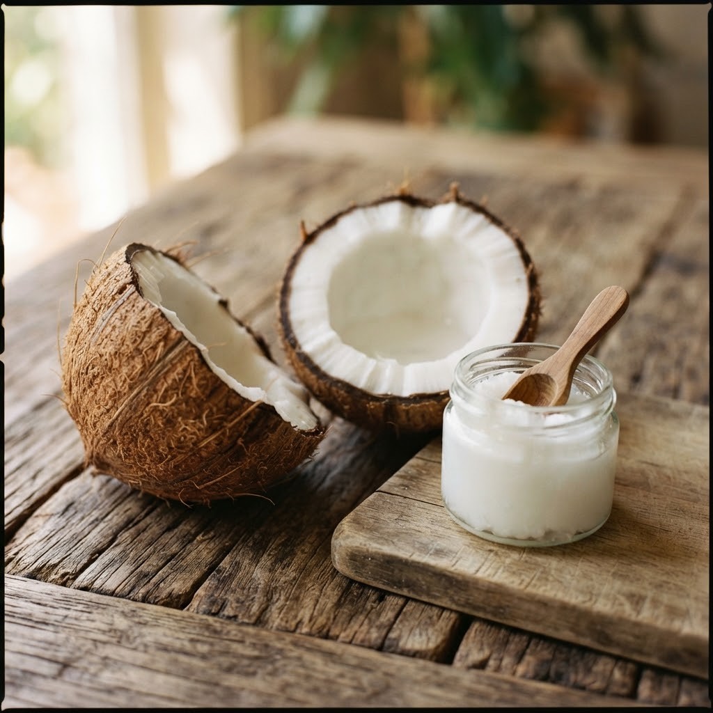Een opengebroken kokosnoot en een potje witte kokosolie op een houten tafel