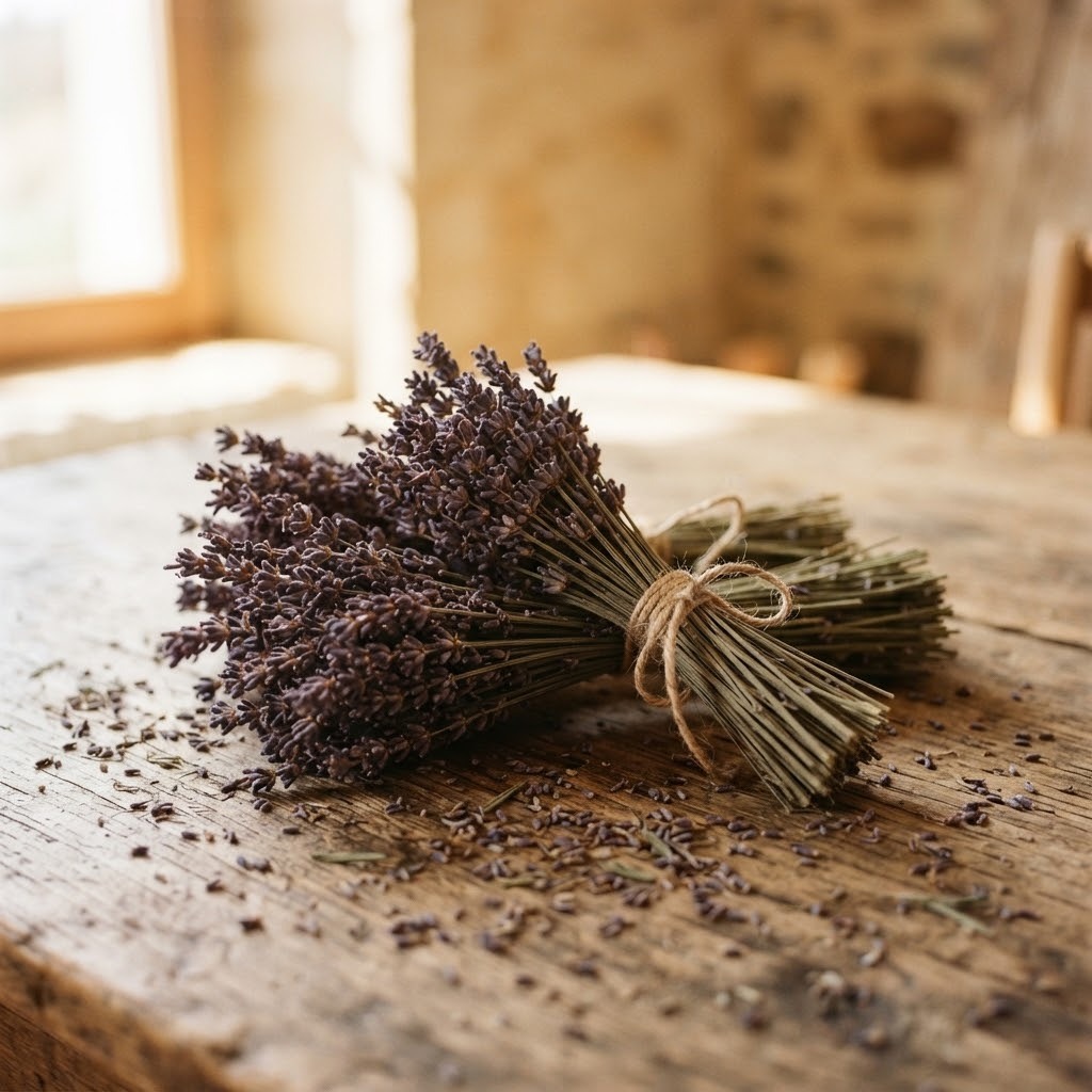 Bosjes gedroogde lavendel op een houten tafel