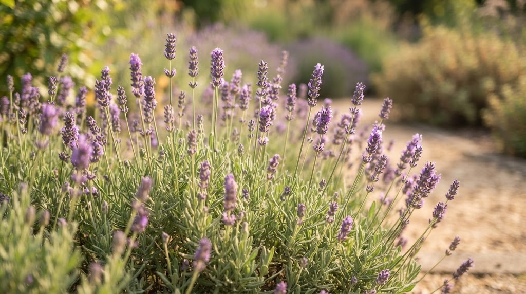 Bloeiende lavendel in een tuin in warm ochtendlicht