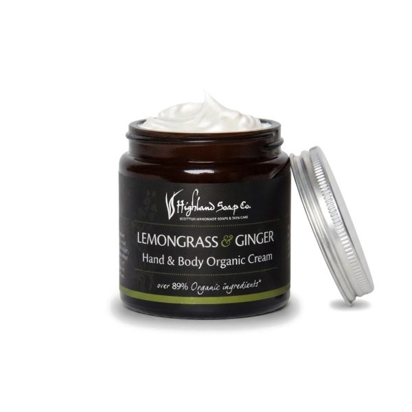 Lemongrass & Ginger Hand & Body Cream 120 ml, open pot met deksel, van The Highland Soap Company op een witte achtergrond