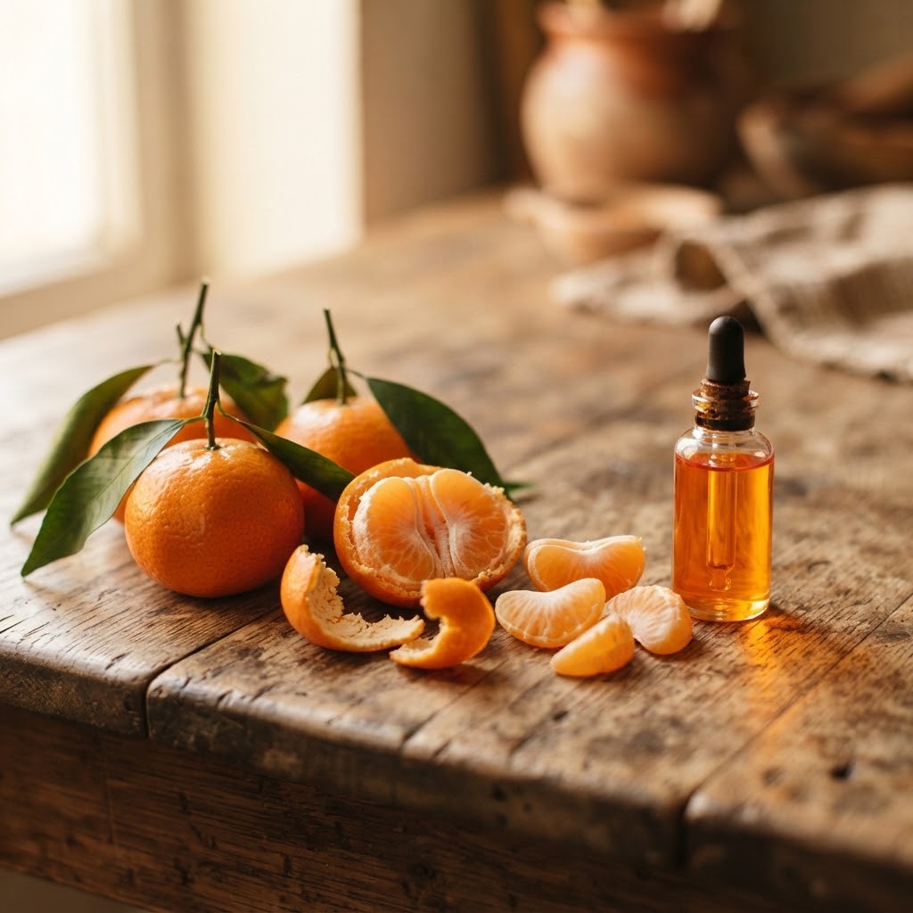 Mandarijnen met blaadjes, een half gepelde mandarijn met partjes, oranje schil en een glazen flesje olie op een houten tafel