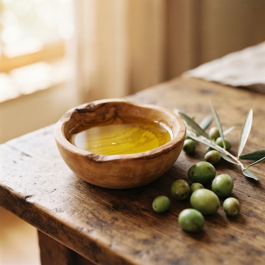 Een houten schaaltje met olijfolie, groene olijven en een takje olijfblaadjes op een houten tafel