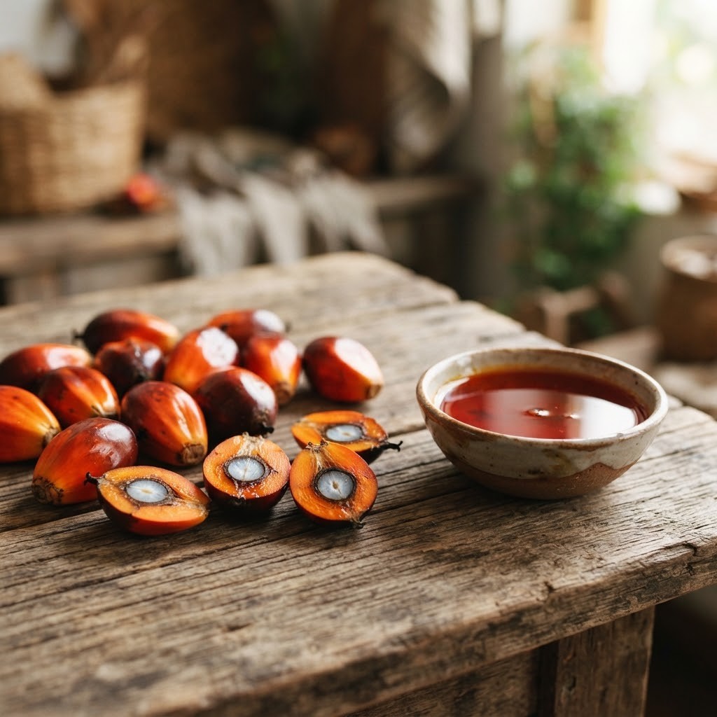 Oranjerode palmvruchten, doorgesneden vruchten met de pit en een schaaltje palmolie op een houten tafel