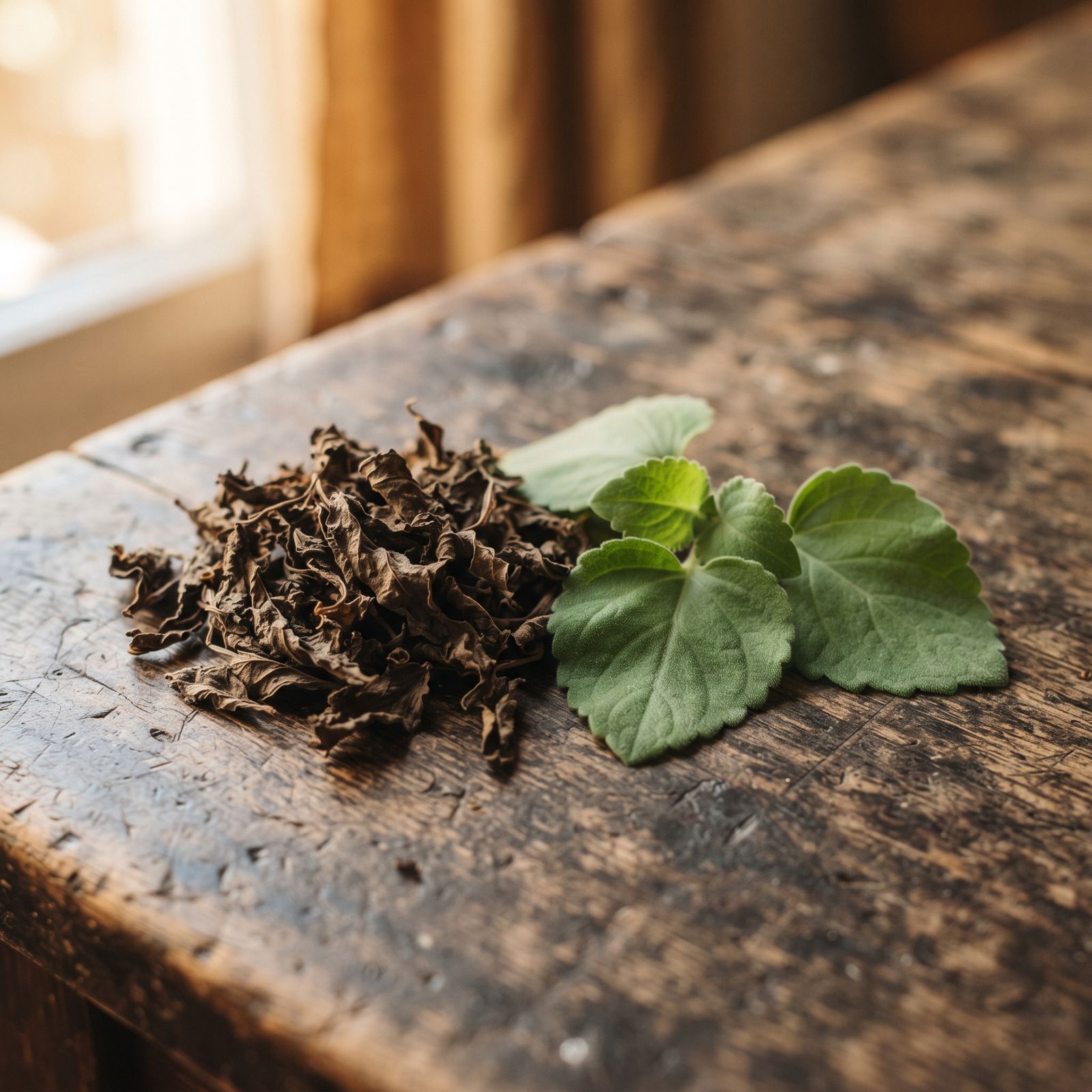 Gedroogde en verse patchoulibladeren op een houten tafel