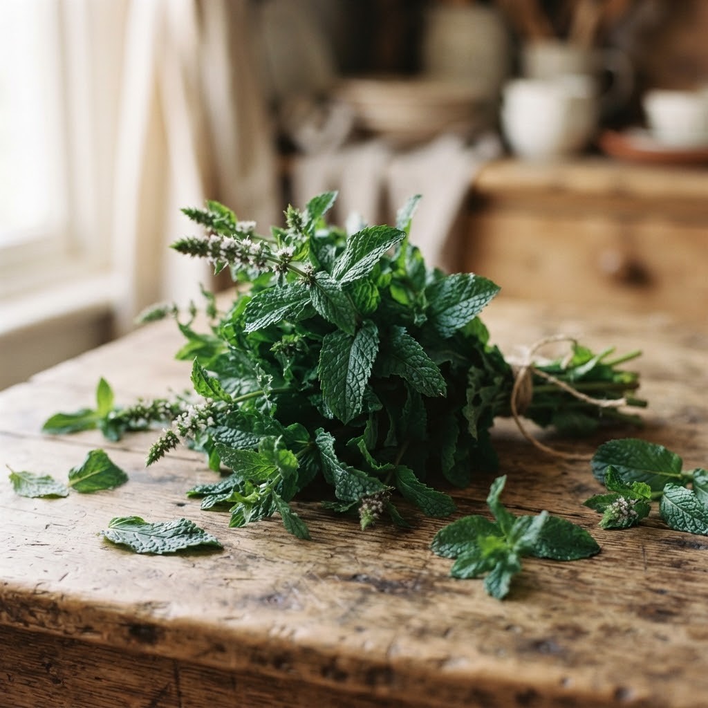Bosje vers geplukte pepermunt op een houten tafel