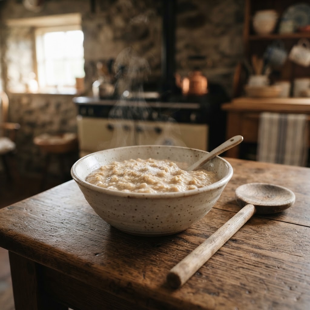 Een kom warme Schotse porridge van havermout op een houten tafel
