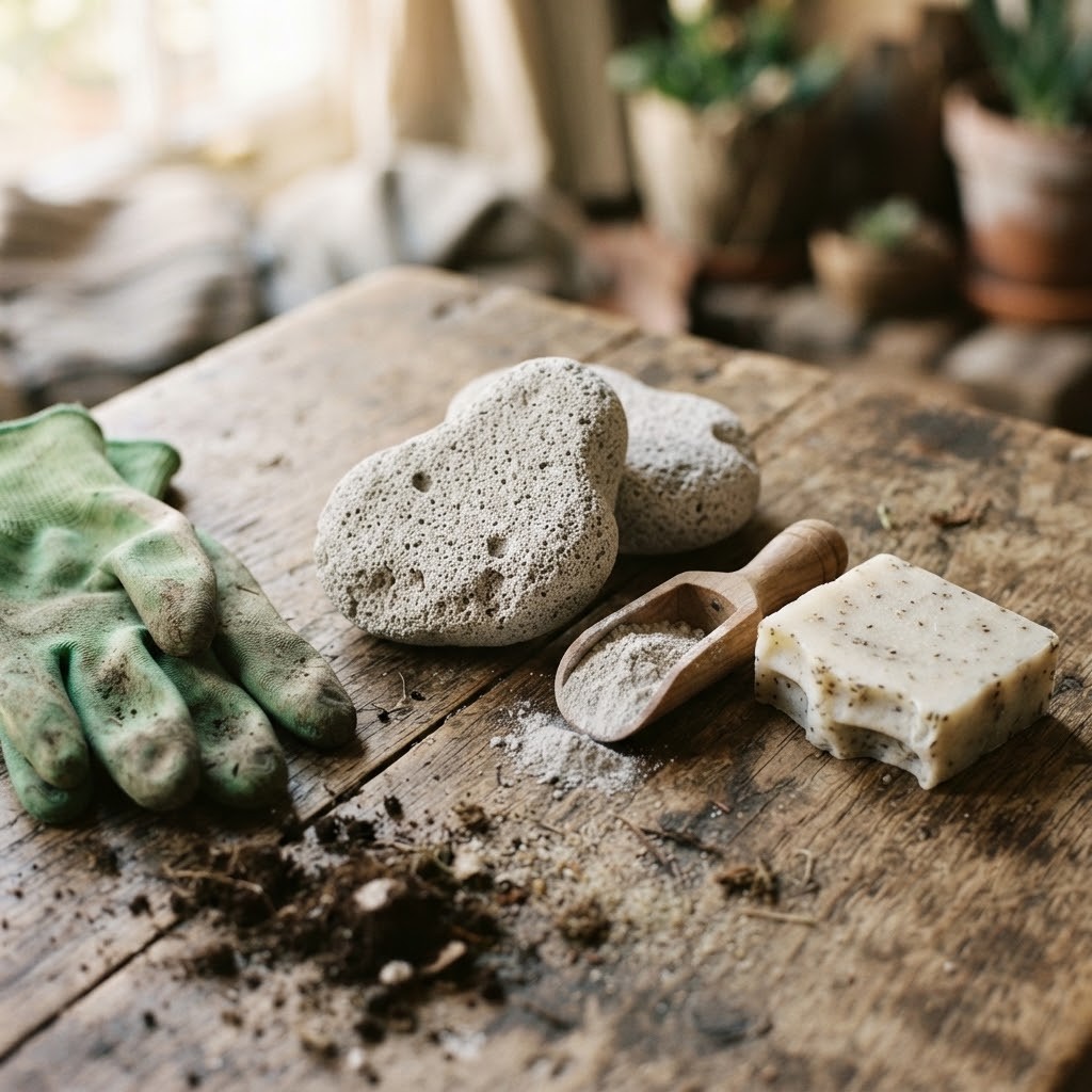 Lichtgrijze poreuze puimstenen, een lepeltje puimsteenpoeder, een stuk gespikkelde zeep en tuinhandschoenen met wat aarde op een houten tafel