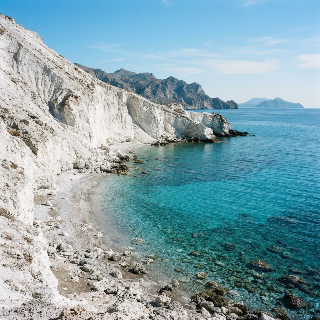 Spierwitte puimsteenhellingen die afdalen naar helder turquoise zeewater op het eiland Lipari