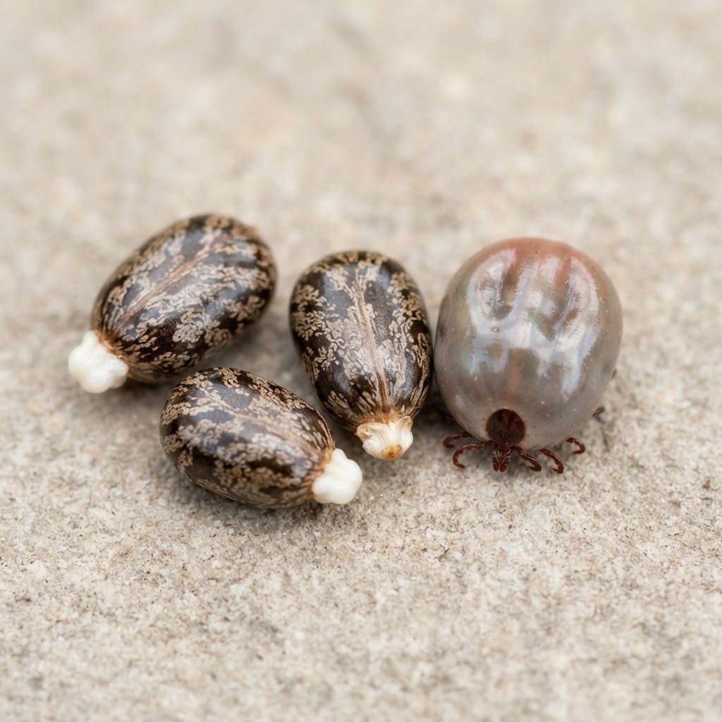 Drie gevlekte ricinuszaden met een wit bultje aan de punt naast een volgezogen teek van dezelfde vorm