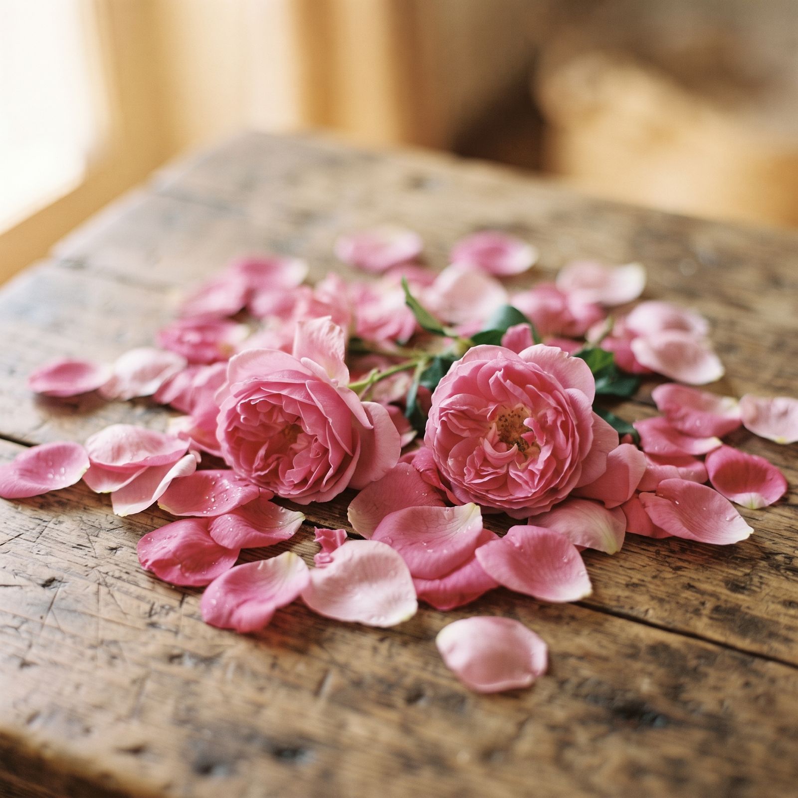 Losse roze rozenblaadjes en twee damascener rozen op een houten tafel