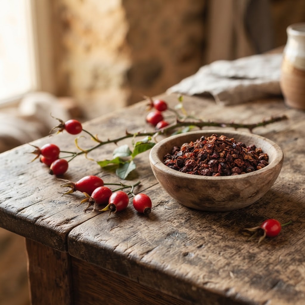 Verse rozenbottels en een schaaltje gemalen rozenbottel op een houten tafel