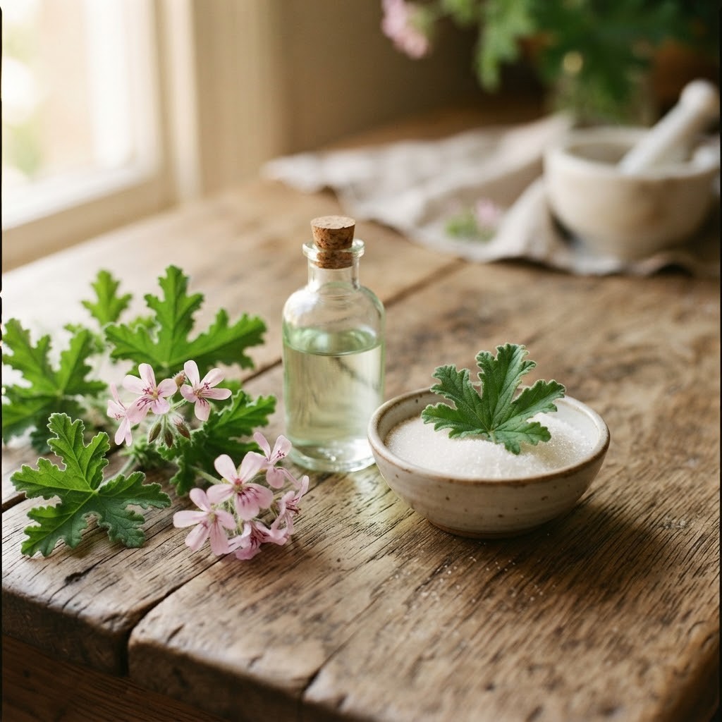 Takjes rozengeranium met roze bloempjes, een glazen flesje olie en een schaaltje suiker met een geraniumblaadje op een houten tafel