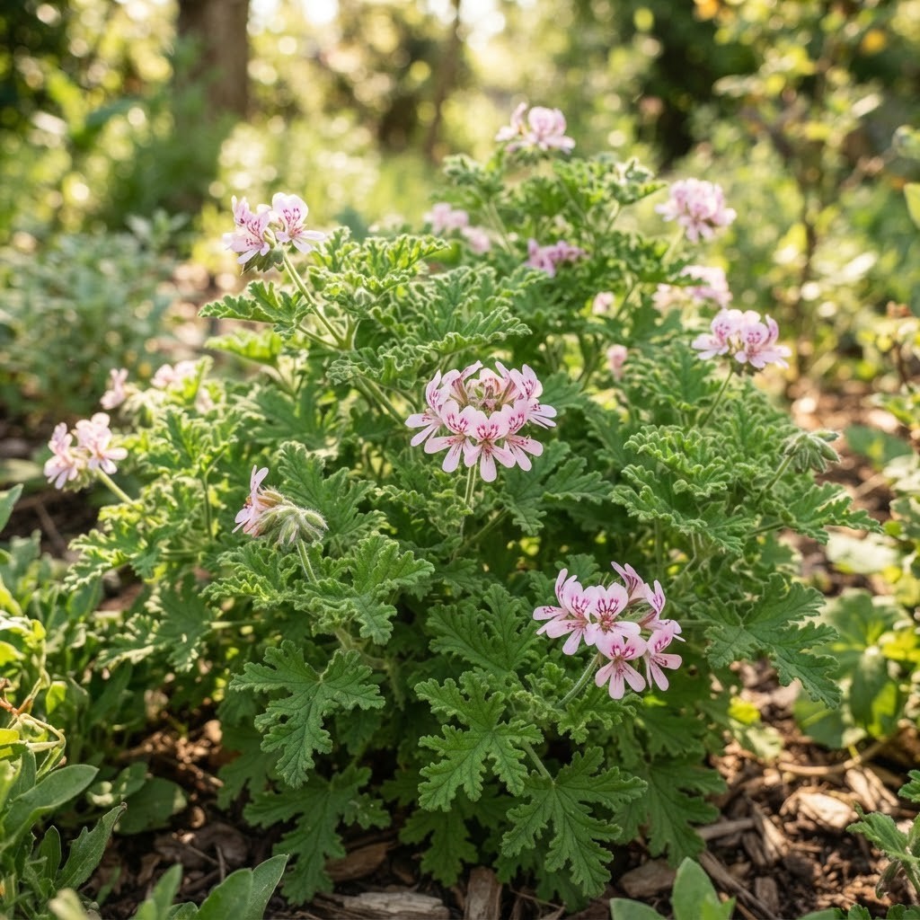 Een rozengeranium met diep ingesneden groene blaadjes en trosjes lichtroze bloempjes in een zonnige tuin