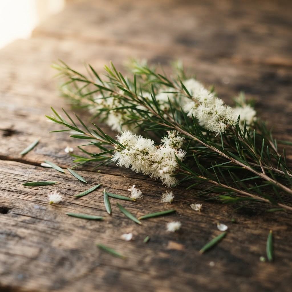 Takjes van de theeboom met witte bloemetjes op een houten tafel