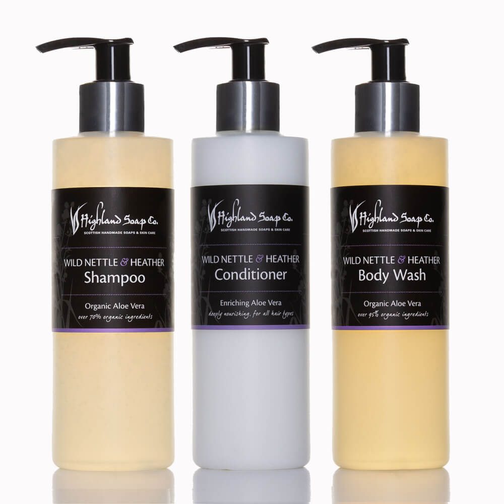 Wild Nettle & Heather shampoo, conditioner en douchegel bij het bad
