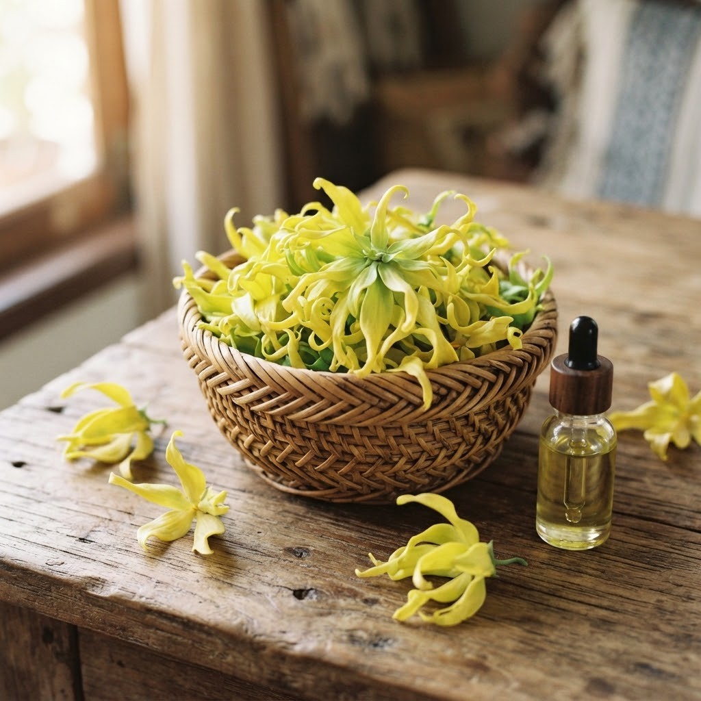 Een gevlochten mandje vol geelgroene ylang-ylangbloemen, losse bloemen en een glazen flesje olie op een houten tafel