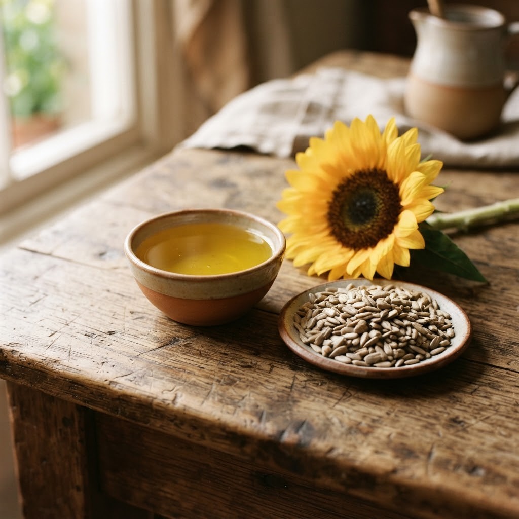 Een schaaltje zonnebloemolie, zonnebloempitten en een zonnebloem op een houten tafel
