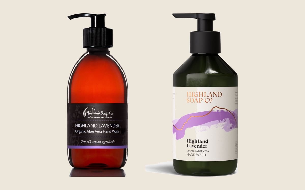 De oude bruine fles Highland Lavender handzeep naast de nieuwe donkergroene fles van The Highland Soap Company