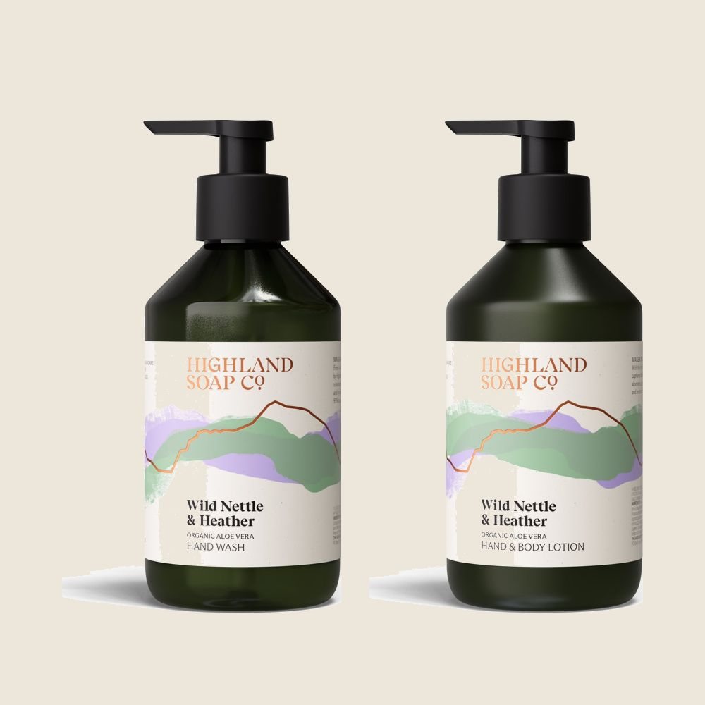 Handzeep en lotion Wild Nettle & Heather in de nieuwe donkergroene flessen